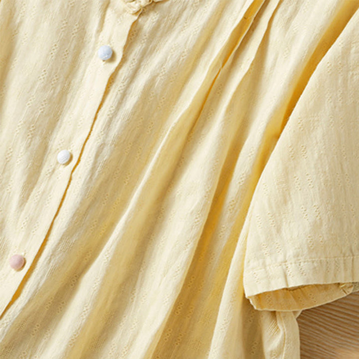 Chemise femme à manches courtes et col en V avec bordure plissée et volants en jacquard Buddha Stones - image 12