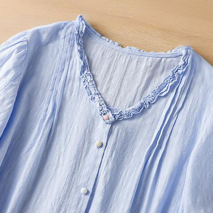 Chemise femme à manches courtes et col en V avec bordure plissée et volants en jacquard Buddha Stones - image 7