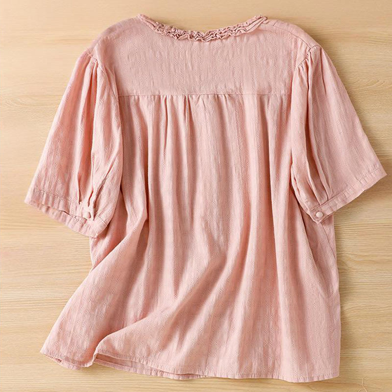 Chemise femme à manches courtes et col en V avec bordure plissée et volants en jacquard Buddha Stones - image 20