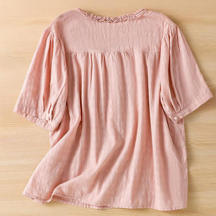 Chemise femme à manches courtes et col en V avec bordure plissée et volants en jacquard Buddha Stones - image 20