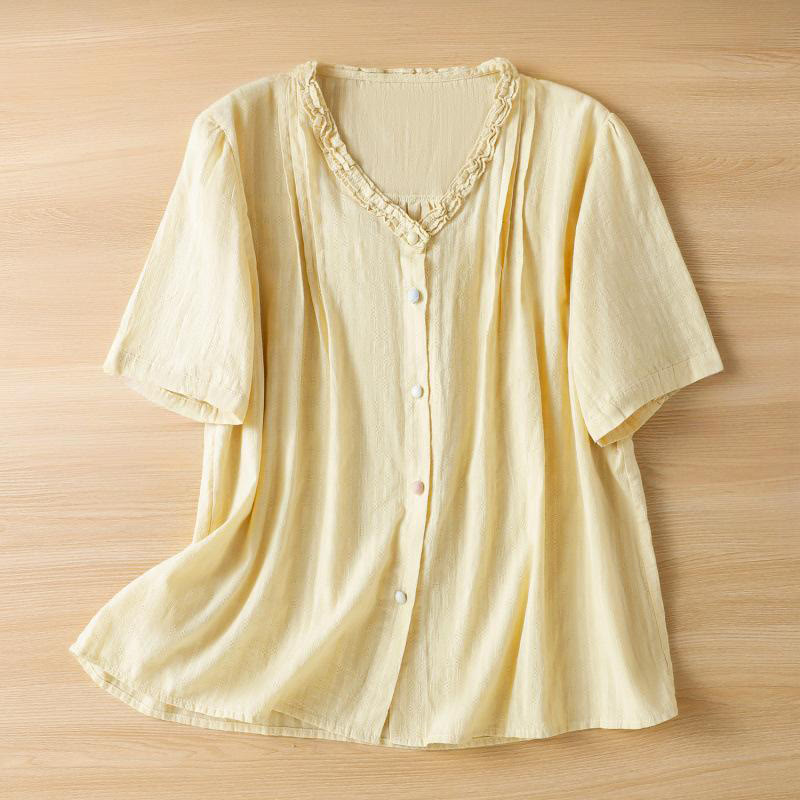 Chemise femme à manches courtes et col en V avec bordure plissée et volants en jacquard Buddha Stones - Jaune clair - US14，UK/AU18，EU46 (2XL) - image 9