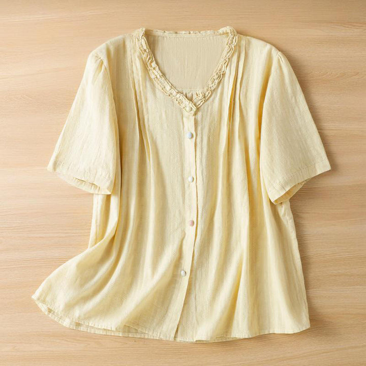 Chemise femme à manches courtes et col en V avec bordure plissée et volants en jacquard Buddha Stones - Jaune clair - US14，UK/AU18，EU46 (2XL) - image 9