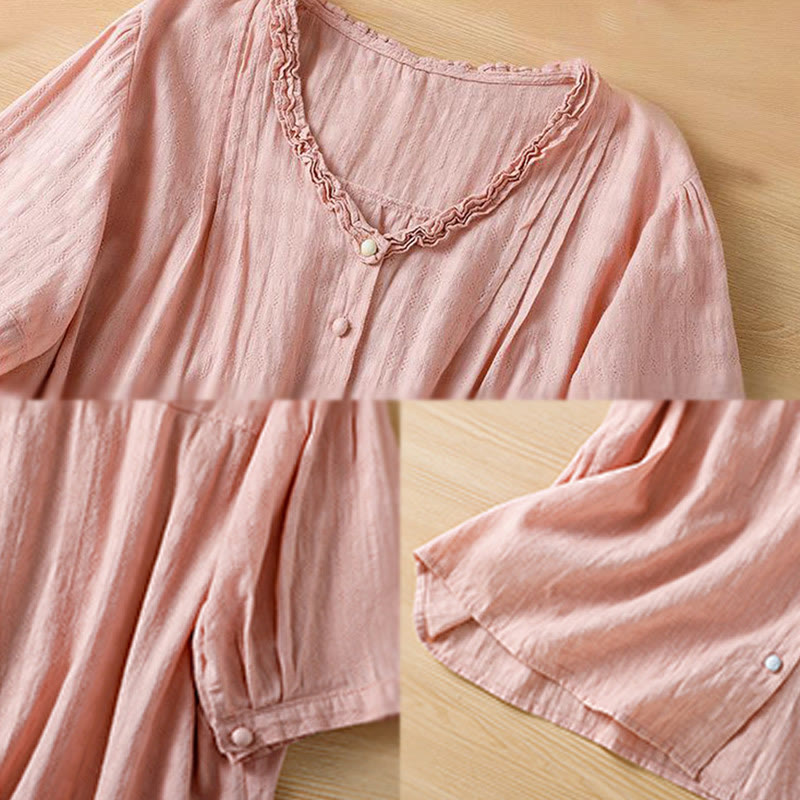 Chemise femme à manches courtes et col en V avec bordure plissée et volants en jacquard Buddha Stones - image 23