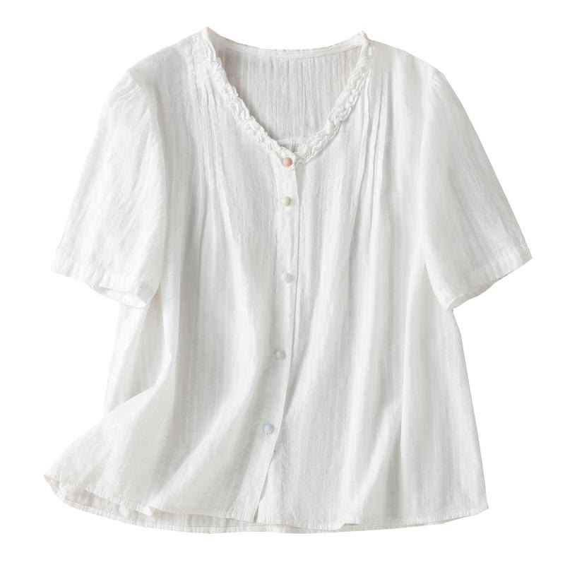 Chemise femme à manches courtes et col en V avec bordure plissée et volants en jacquard Buddha Stones - image 18