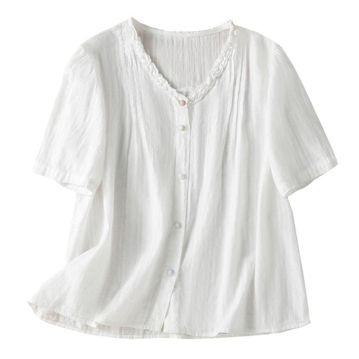 Chemise femme à manches courtes et col en V avec bordure plissée et volants en jacquard Buddha Stones - image 18