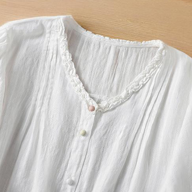 Chemise femme à manches courtes et col en V avec bordure plissée et volants en jacquard Buddha Stones - image 16