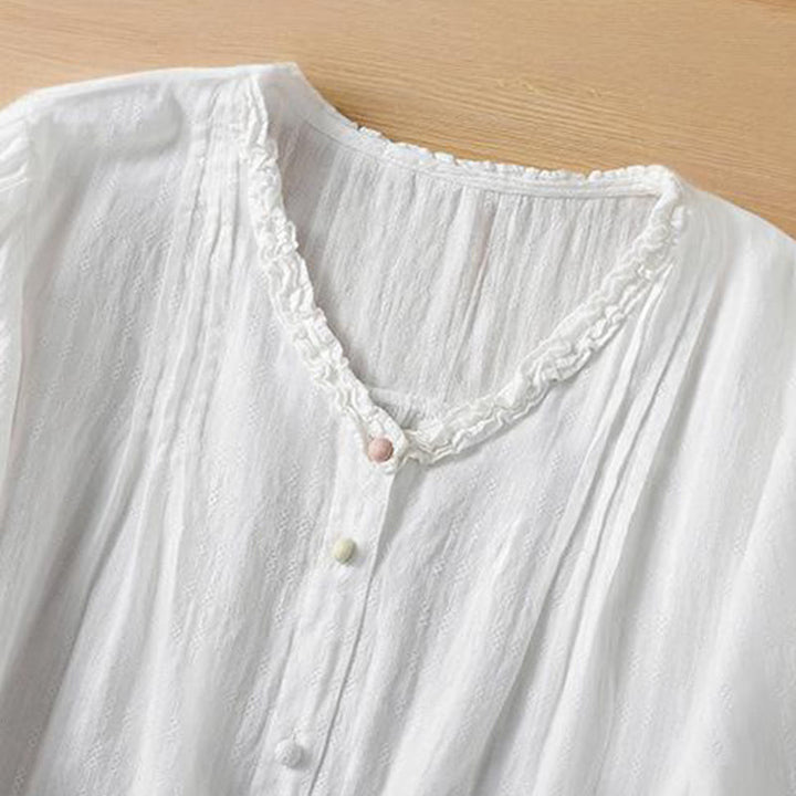 Chemise femme à manches courtes et col en V avec bordure plissée et volants en jacquard Buddha Stones - image 16