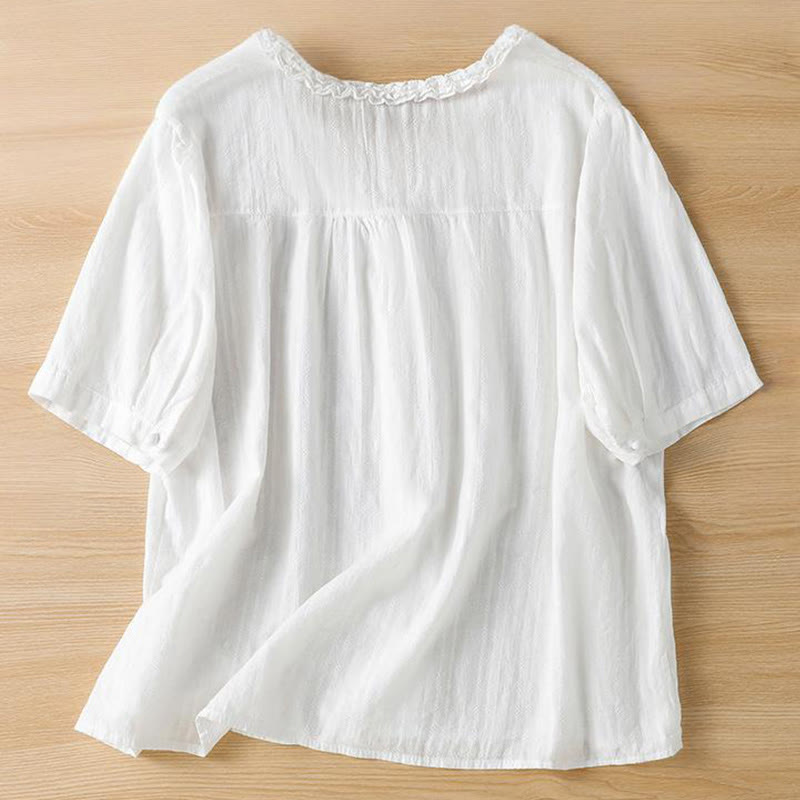 Chemise femme à manches courtes et col en V avec bordure plissée et volants en jacquard Buddha Stones - image 15