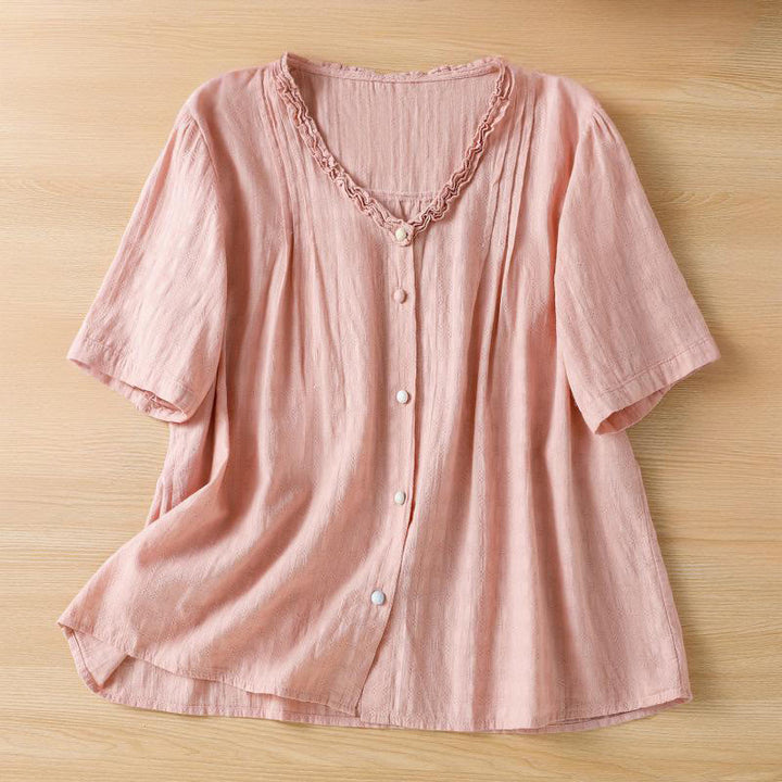 Chemise femme à manches courtes et col en V avec bordure plissée et volants en jacquard Buddha Stones - Saumon foncé - US14，UK/AU18，EU46 (2XL) - image 19