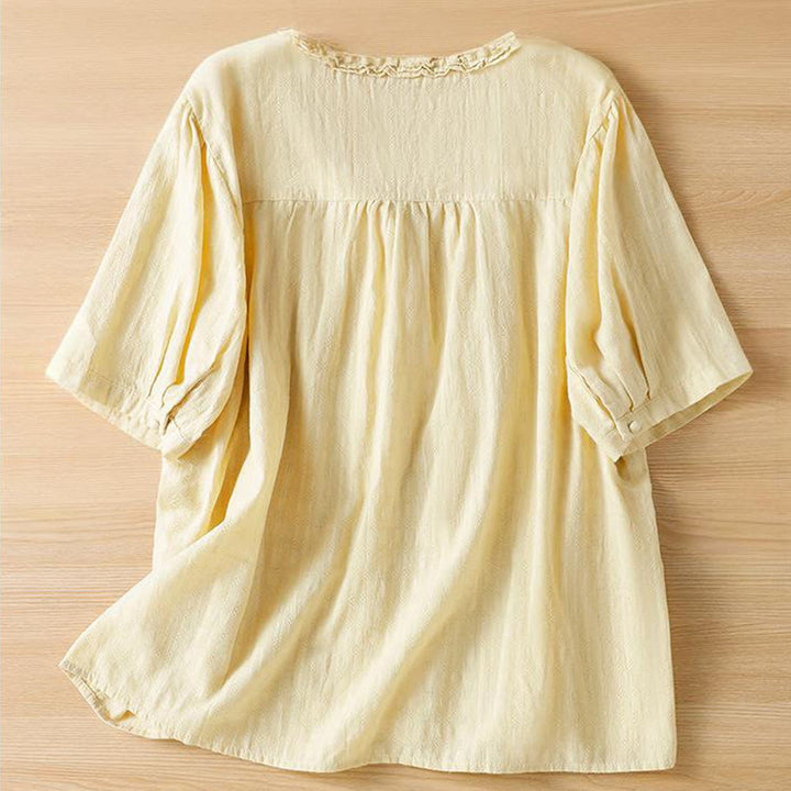 Chemise femme à manches courtes et col en V avec bordure plissée et volants en jacquard Buddha Stones - image 10