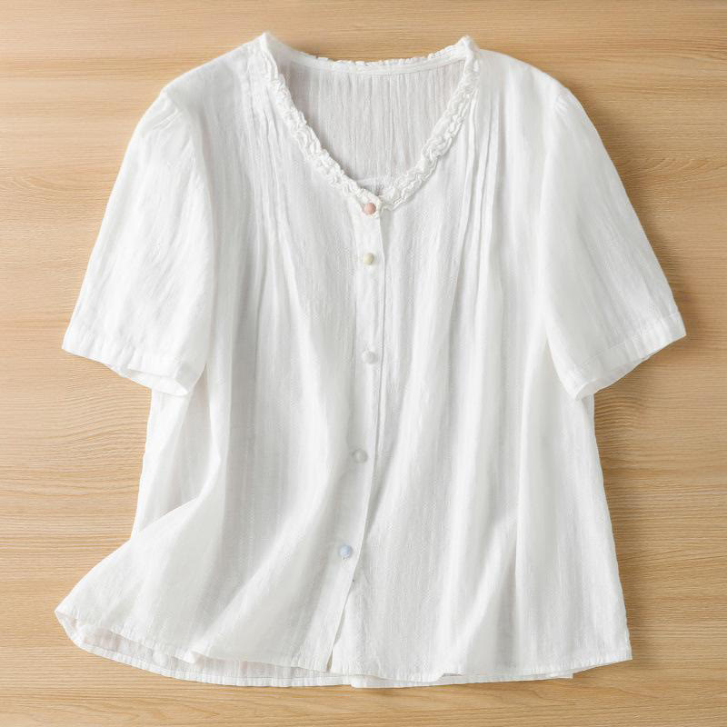 Chemise femme à manches courtes et col en V avec bordure plissée et volants en jacquard Buddha Stones - Blanc - US14，UK/AU18，EU46 (2XL) - image 14