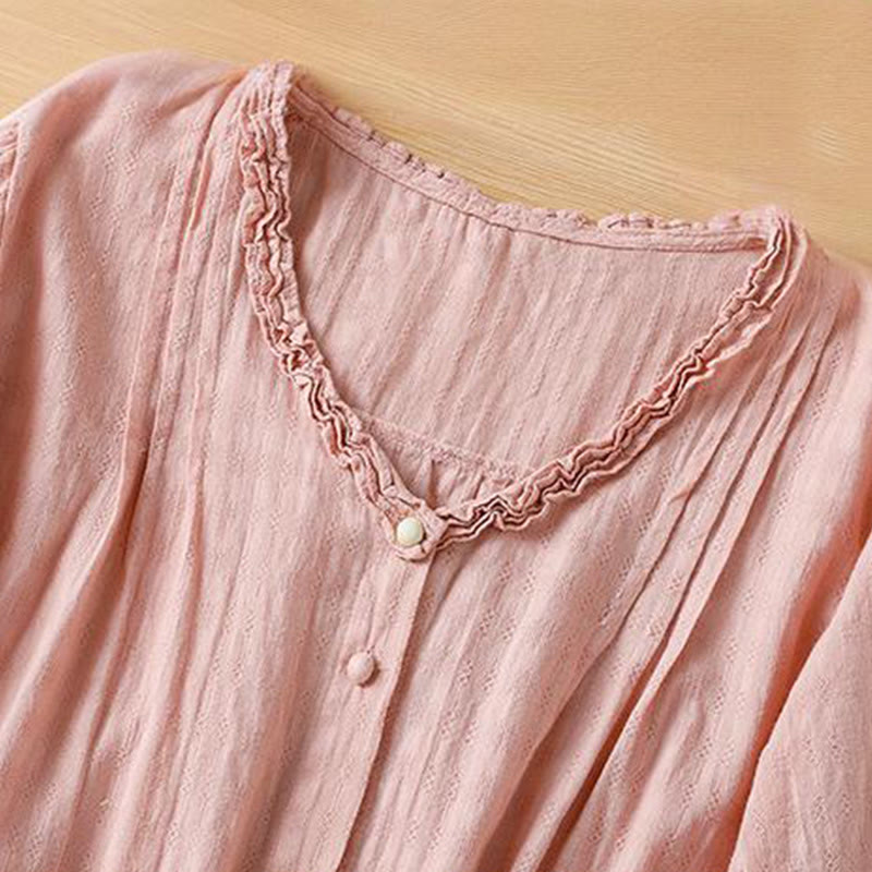 Chemise femme à manches courtes et col en V avec bordure plissée et volants en jacquard Buddha Stones - image 21