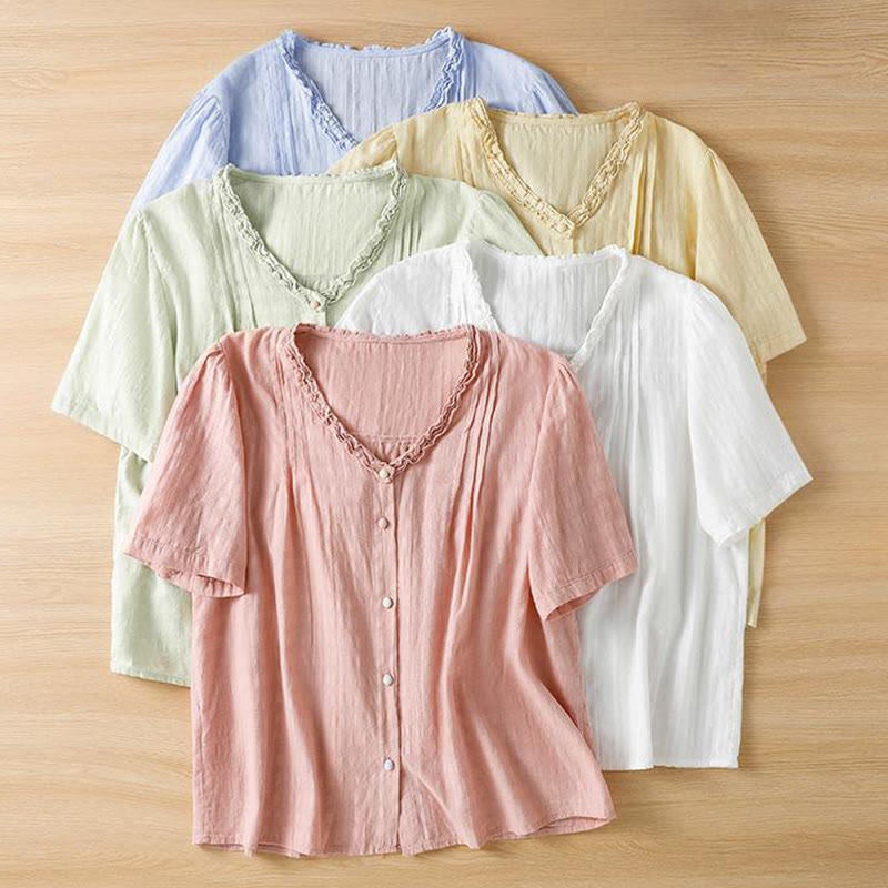 Chemise femme à manches courtes et col en V avec bordure plissée et volants en jacquard Buddha Stones - image 24
