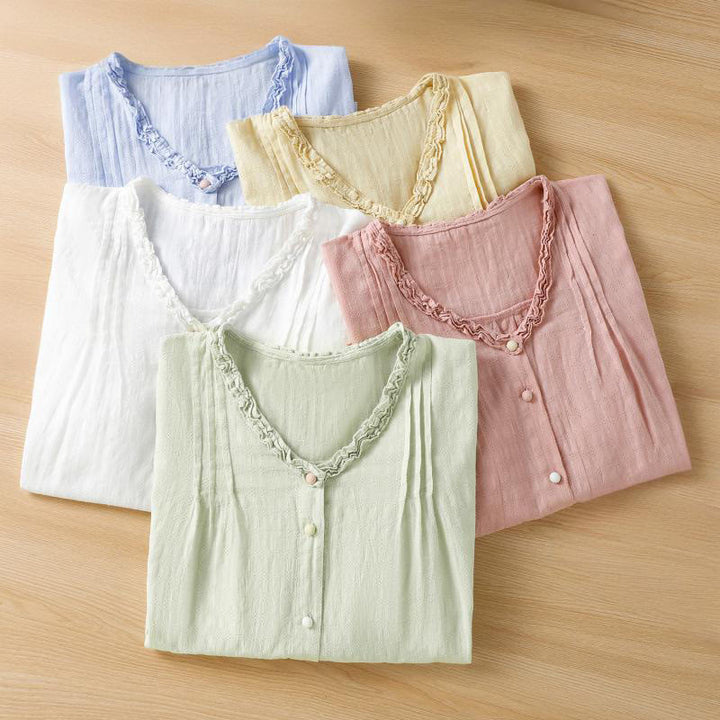 Chemise femme à manches courtes et col en V avec bordure plissée et volants en jacquard Buddha Stones - image 25