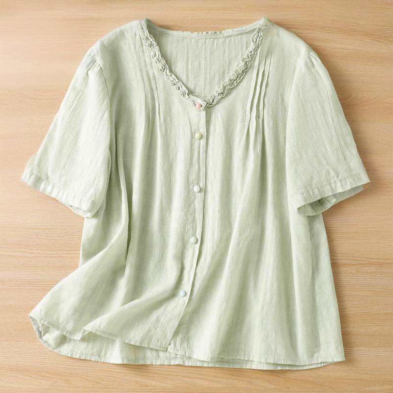 Chemise femme à manches courtes et col en V avec bordure plissée et volants en jacquard Buddha Stones - Vert pâle - US14，UK/AU18，EU46 (2XL) - image 1