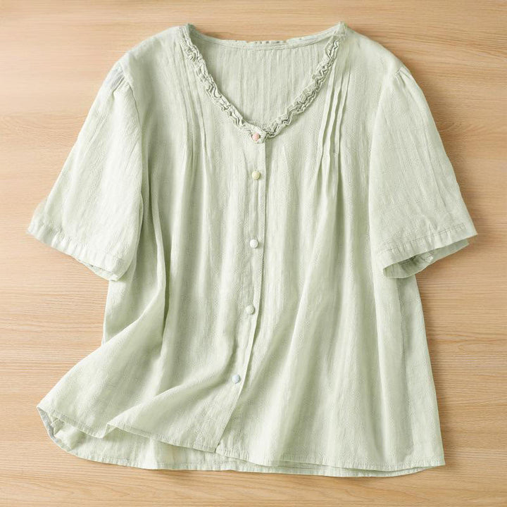 Chemise femme à manches courtes et col en V avec bordure plissée et volants en jacquard Buddha Stones - Vert pâle - US14，UK/AU18，EU46 (2XL) - image 1