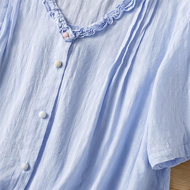 Chemise femme à manches courtes et col en V avec bordure plissée et volants en jacquard Buddha Stones - image 8