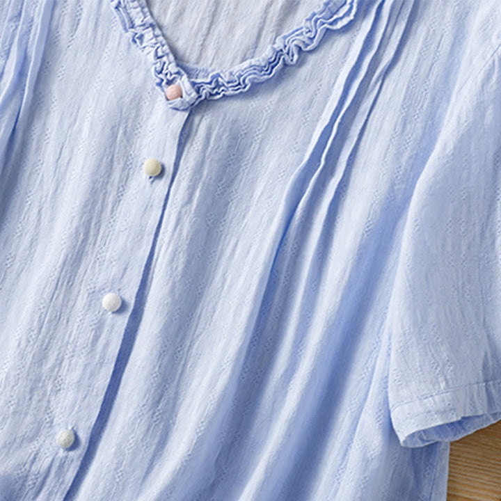 Chemise femme à manches courtes et col en V avec bordure plissée et volants en jacquard Buddha Stones - image 8