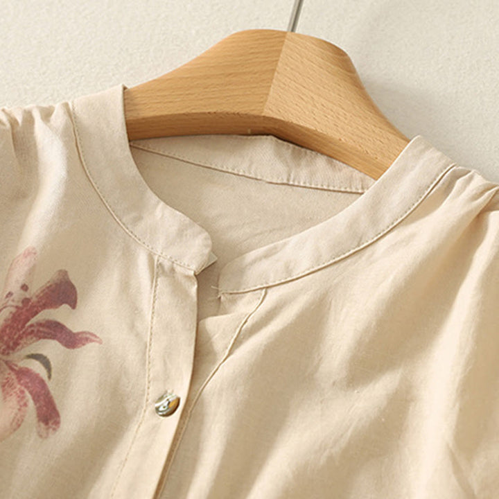 Chemise en coton et lin pour femme, manches mi-bouffantes, motif lys, imprimé Buddha Stones - image 13
