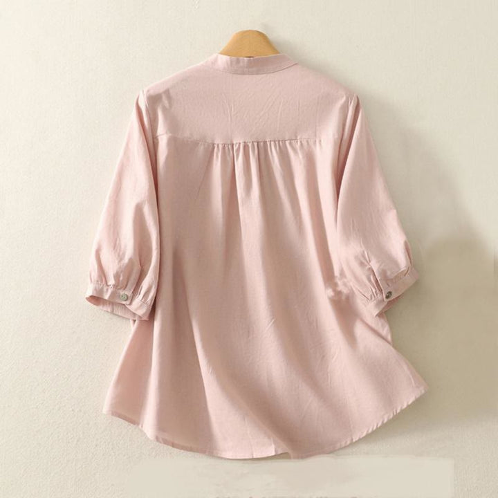 Chemise en coton et lin pour femme, manches mi-bouffantes, motif lys, imprimé Buddha Stones - image 2