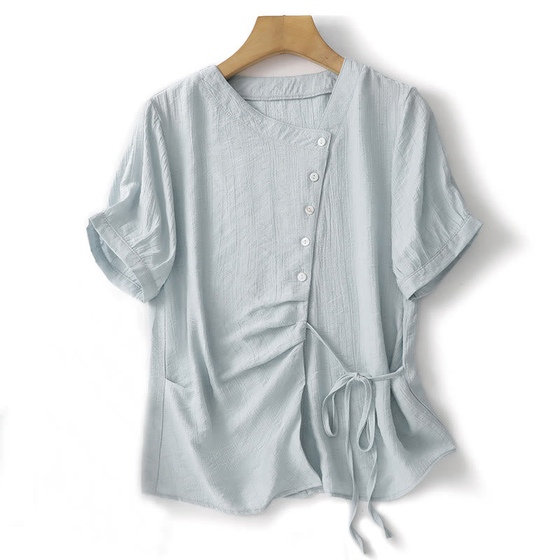 Chemise asymétrique à lacets et manches courtes bouffantes en coton pour femme Buddha Stones - Bleu poudre - US8-10，UK/AU12-14，EU40-42 (2XL) - image 1