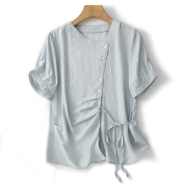 Chemise asymétrique à lacets et manches courtes bouffantes en coton pour femme Buddha Stones - Bleu poudre - US8-10，UK/AU12-14，EU40-42 (2XL) - image 1