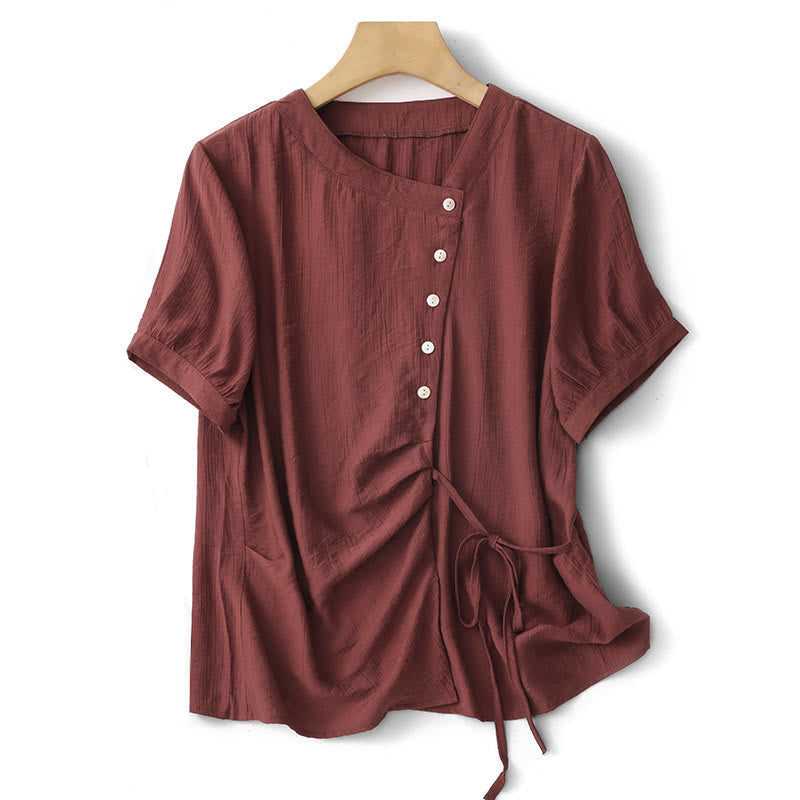 Chemise asymétrique à lacets et manches courtes bouffantes en coton pour femme Buddha Stones - Brique réfractaire - US8-10，UK/AU12-14，EU40-42 (2XL) - image 18