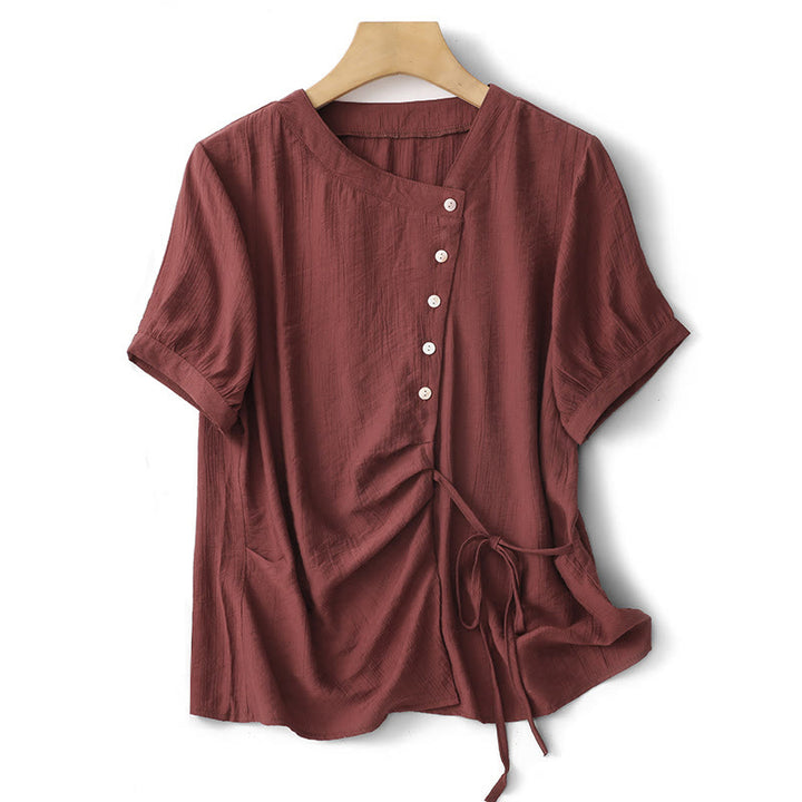 Chemise asymétrique à lacets et manches courtes bouffantes en coton pour femme Buddha Stones - Brique réfractaire - US8-10，UK/AU12-14，EU40-42 (2XL) - image 18