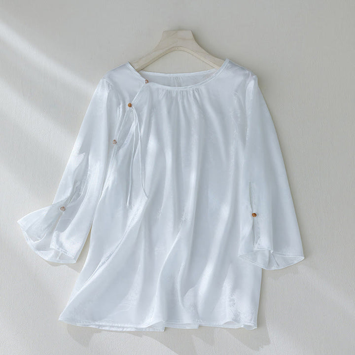 Chemise d'été à manches trois-quarts pour femme, motif jacquard fleuri et couleur unie, motif Buddha Stones - Blanc - US8-10，UK/AU12-14，EU40-42 (2XL) - image 9
