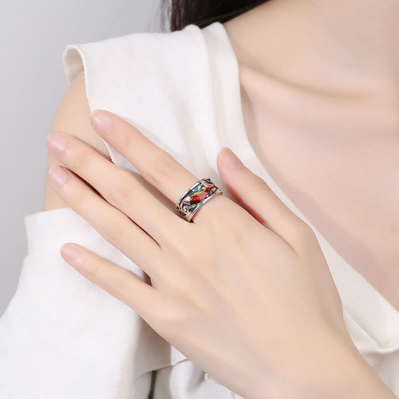 Bague Succès Sutra Coeur Poisson Koi Émail Bleu Buddha Stones