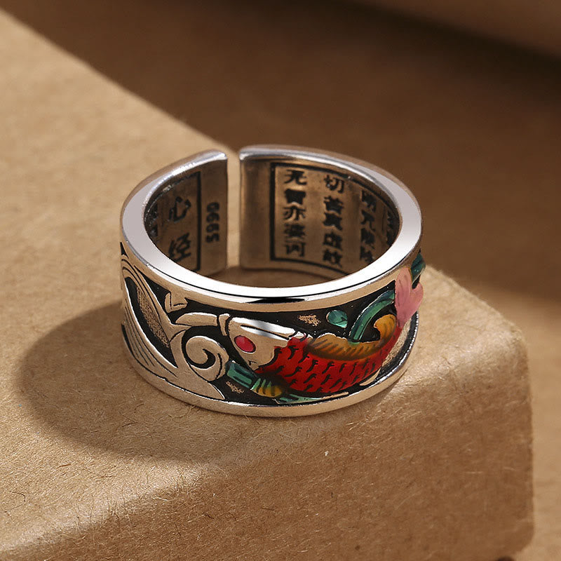 Bague Succès Sutra Coeur Poisson Koi Émail Bleu Buddha Stones
