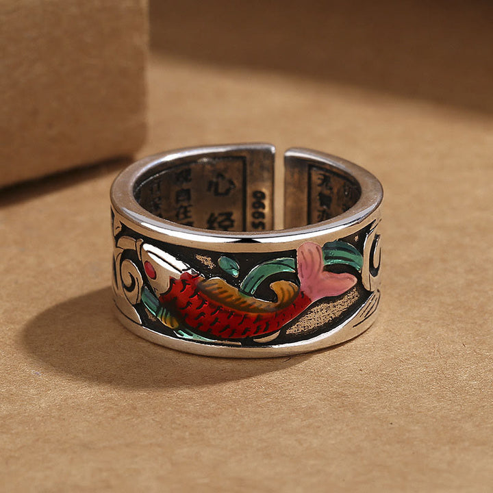 Bague Succès Sutra Coeur Poisson Koi Émail Bleu Buddha Stones