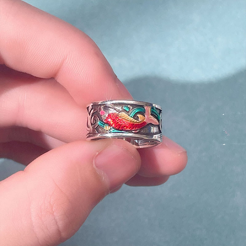 Bague Succès Sutra Coeur Poisson Koi Émail Bleu Buddha Stones