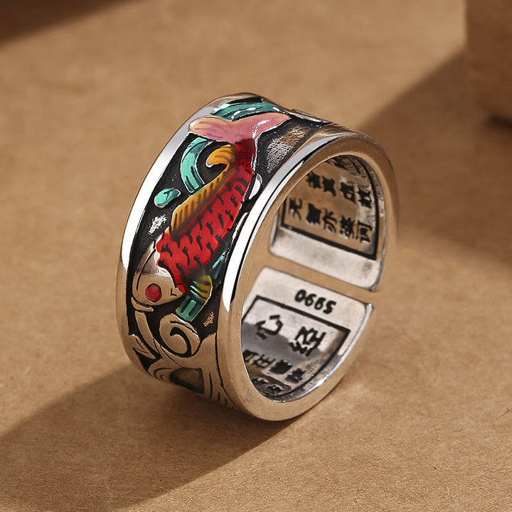 Bague Succès Sutra Coeur Poisson Koi Émail Bleu Buddha Stones