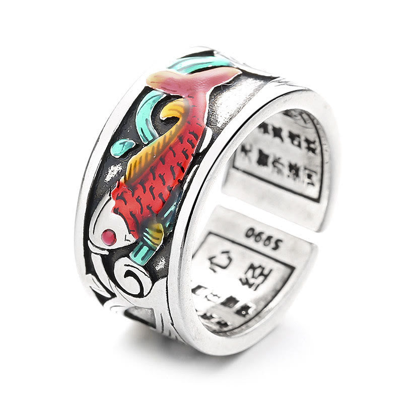 Bague Succès Sutra Coeur Poisson Koi Émail Bleu Buddha Stones