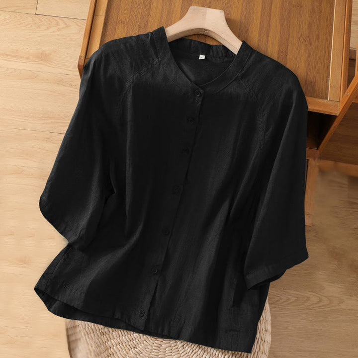 Chemise femme Buddha Stones Daily à manches trois-quarts en coton et lin avec poches - Noir - US14，UK/AU18，EU46 (2XL) - image 8