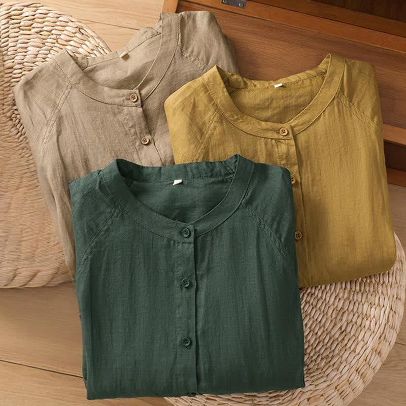 Chemise femme Buddha Stones Daily à manches trois-quarts en coton et lin avec poches - image 29
