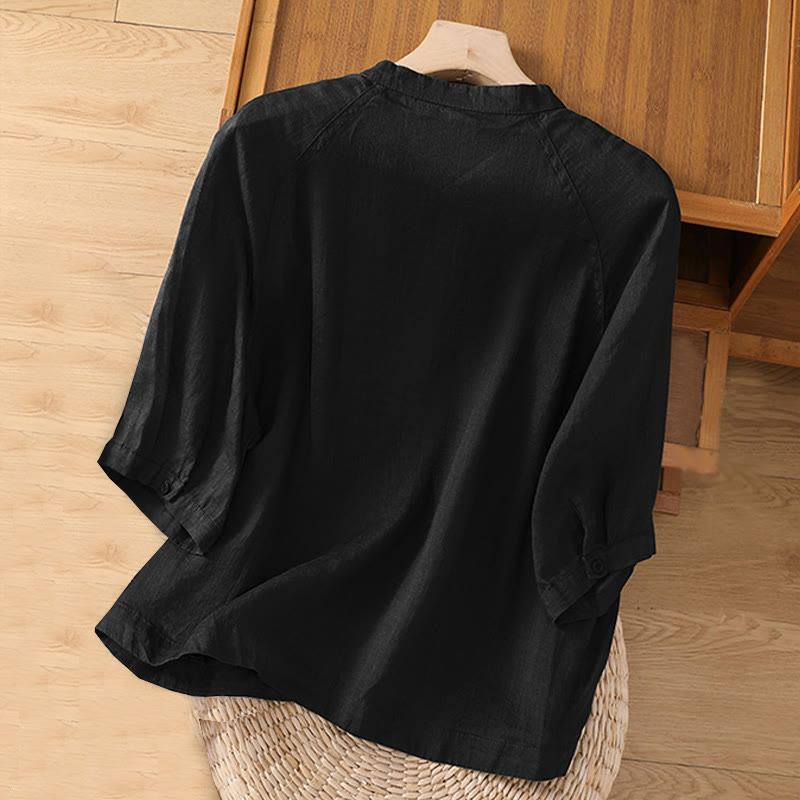 Chemise femme Buddha Stones Daily à manches trois-quarts en coton et lin avec poches - image 9