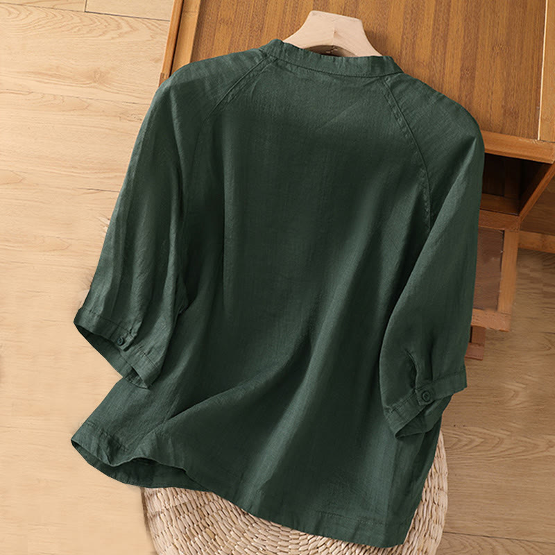 Chemise femme Buddha Stones Daily à manches trois-quarts en coton et lin avec poches - image 21