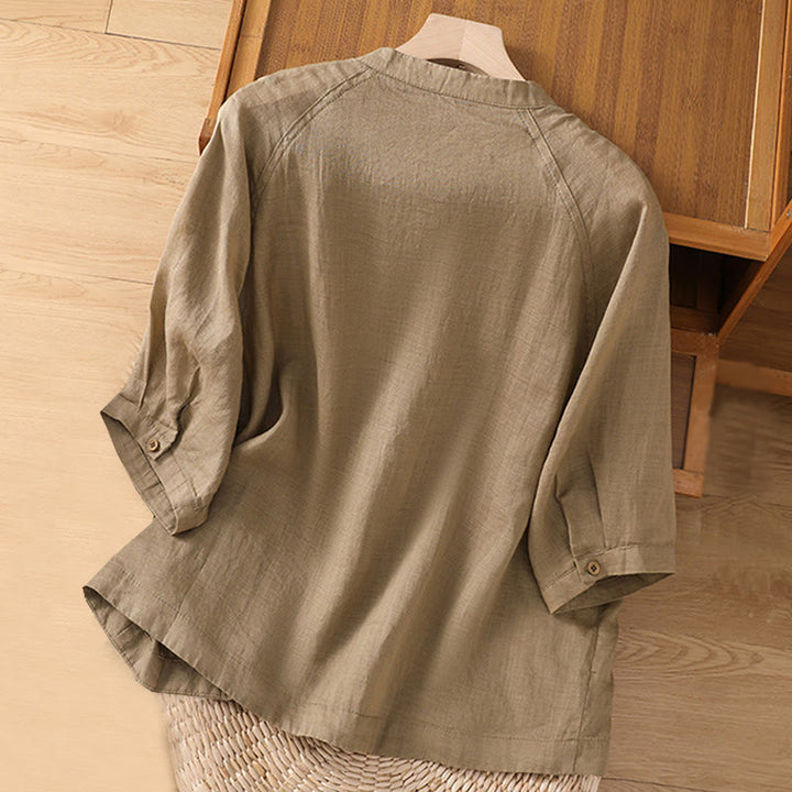 Chemise femme Buddha Stones Daily à manches trois-quarts en coton et lin avec poches - image 2