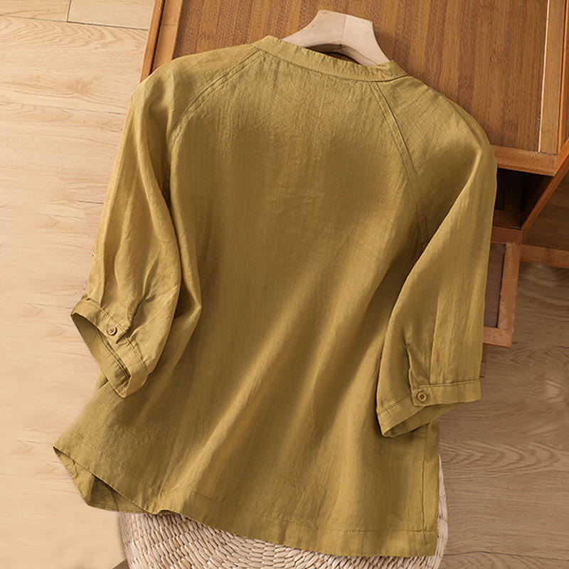 Chemise femme Buddha Stones Daily à manches trois-quarts en coton et lin avec poches - image 11