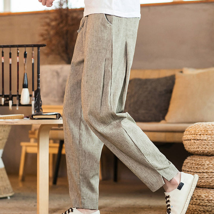 Pantalon fuselé en lin uni avec cordon de serrage et poches pour homme Motif Buddha Stones - image 3