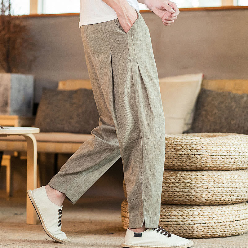 Pantalon fuselé en lin uni avec cordon de serrage et poches pour homme Motif Buddha Stones - image 2