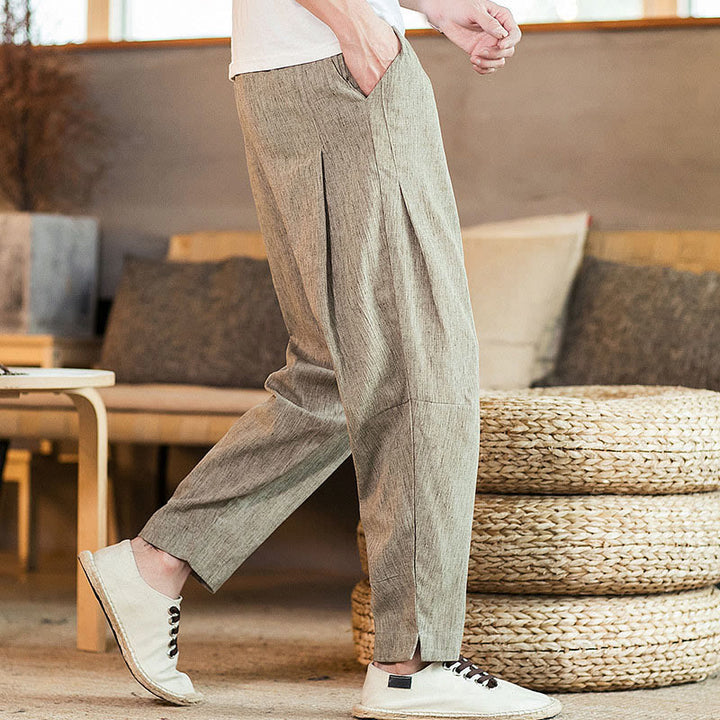 Pantalon fuselé en lin uni avec cordon de serrage et poches pour homme Motif Buddha Stones - image 2