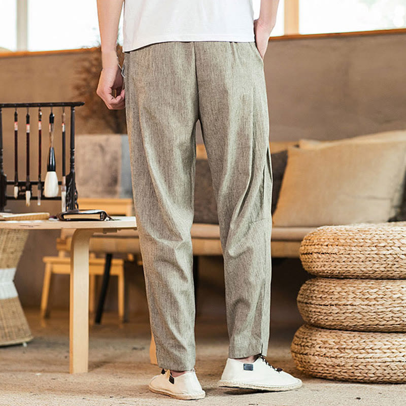 Pantalon fuselé en lin uni avec cordon de serrage et poches pour homme Motif Buddha Stones - image 5