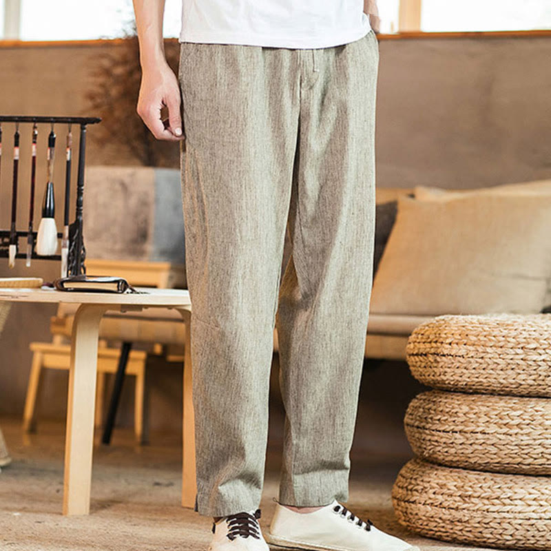 Pantalon fuselé en lin uni avec cordon de serrage et poches pour homme Motif Buddha Stones - image 6