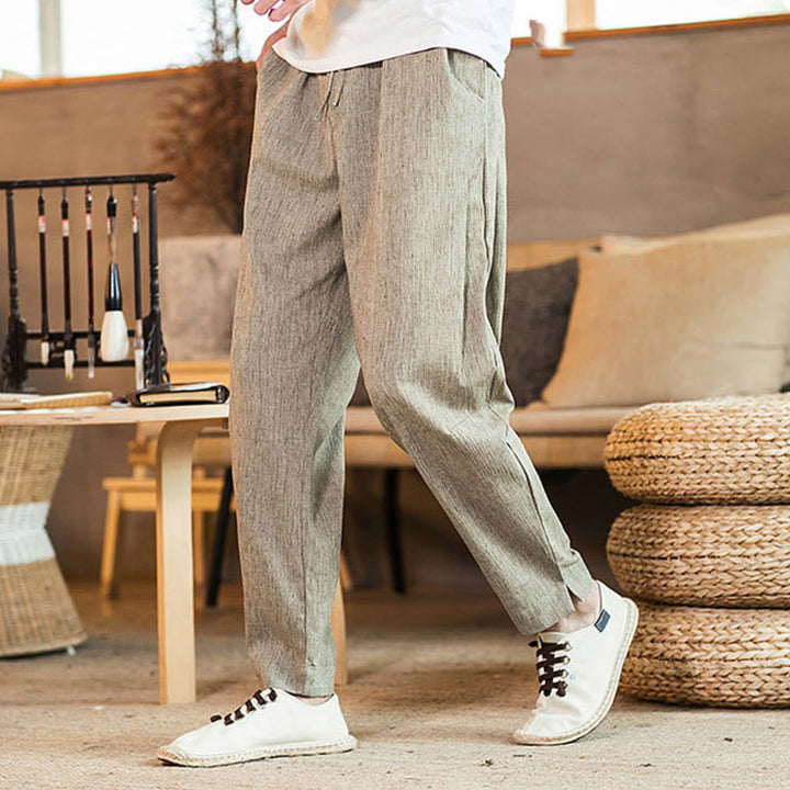 Pantalon fuselé en lin uni avec cordon de serrage et poches pour homme Motif Buddha Stones - Tanné - US/UK/AU46，EU56 (5XL) - image 1