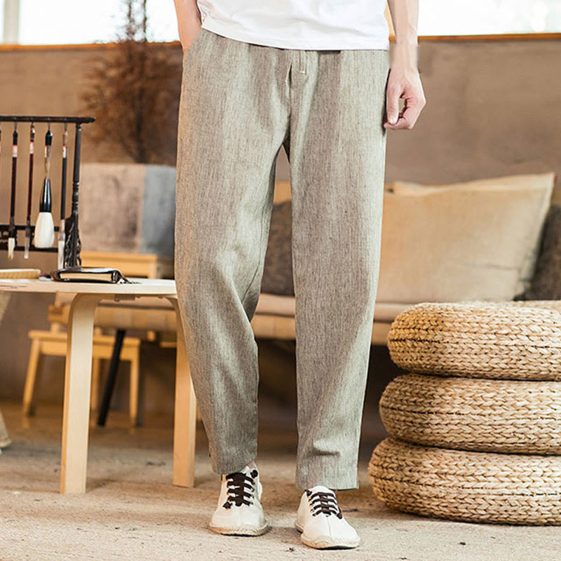 Pantalon fuselé en lin uni avec cordon de serrage et poches pour homme Motif Buddha Stones - image 4