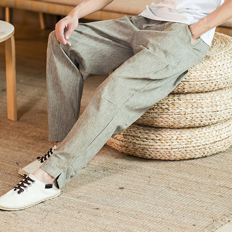 Pantalon fuselé en lin uni avec cordon de serrage et poches pour homme Motif Buddha Stones - image 9