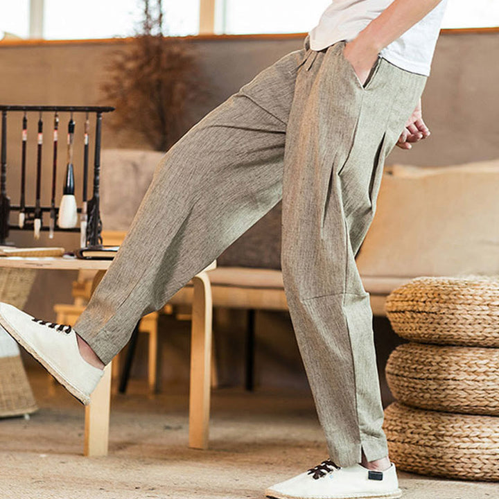 Pantalon fuselé en lin uni avec cordon de serrage et poches pour homme Motif Buddha Stones - image 8